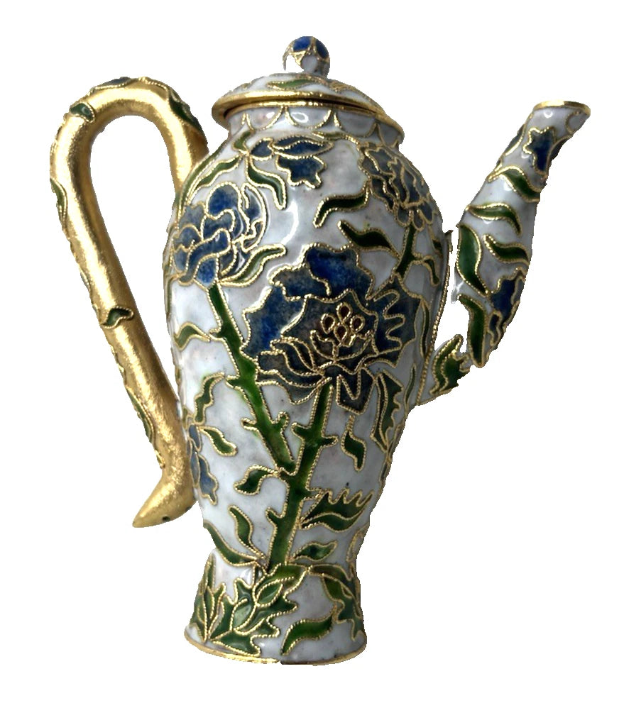 Vtg Cloisonne teapot w/lid blue tone floral design enamel inside 5"