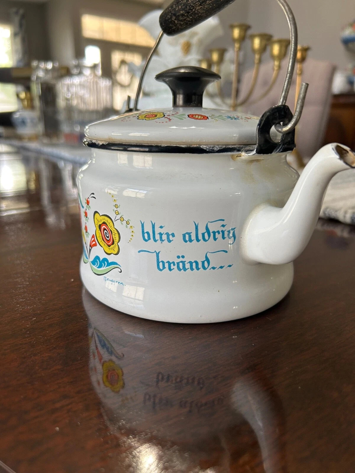 Vintage Berggren Enamelware Teapot Tea Kettle Pennsylvania Dutch Folk Art Decor
