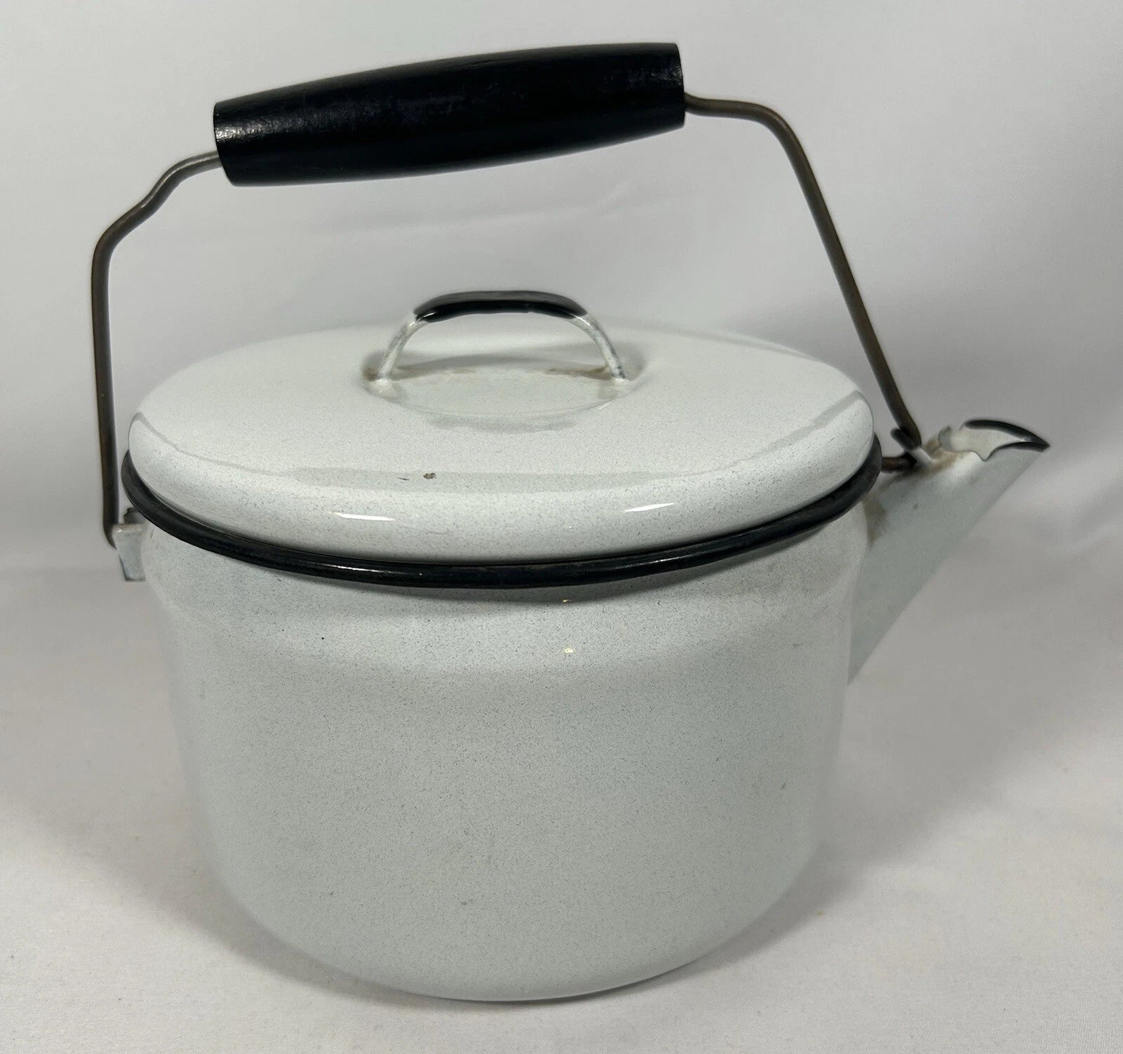 Vintage Enamelware Lidded TeaPot White w/ Black Trim, Wood Handle Farmhouse