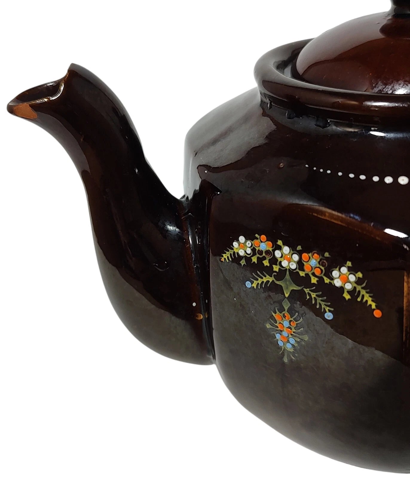 Vintage Brown Betty Redware Teapot Moriage Enamel Hand Painted Made In Japan SEE