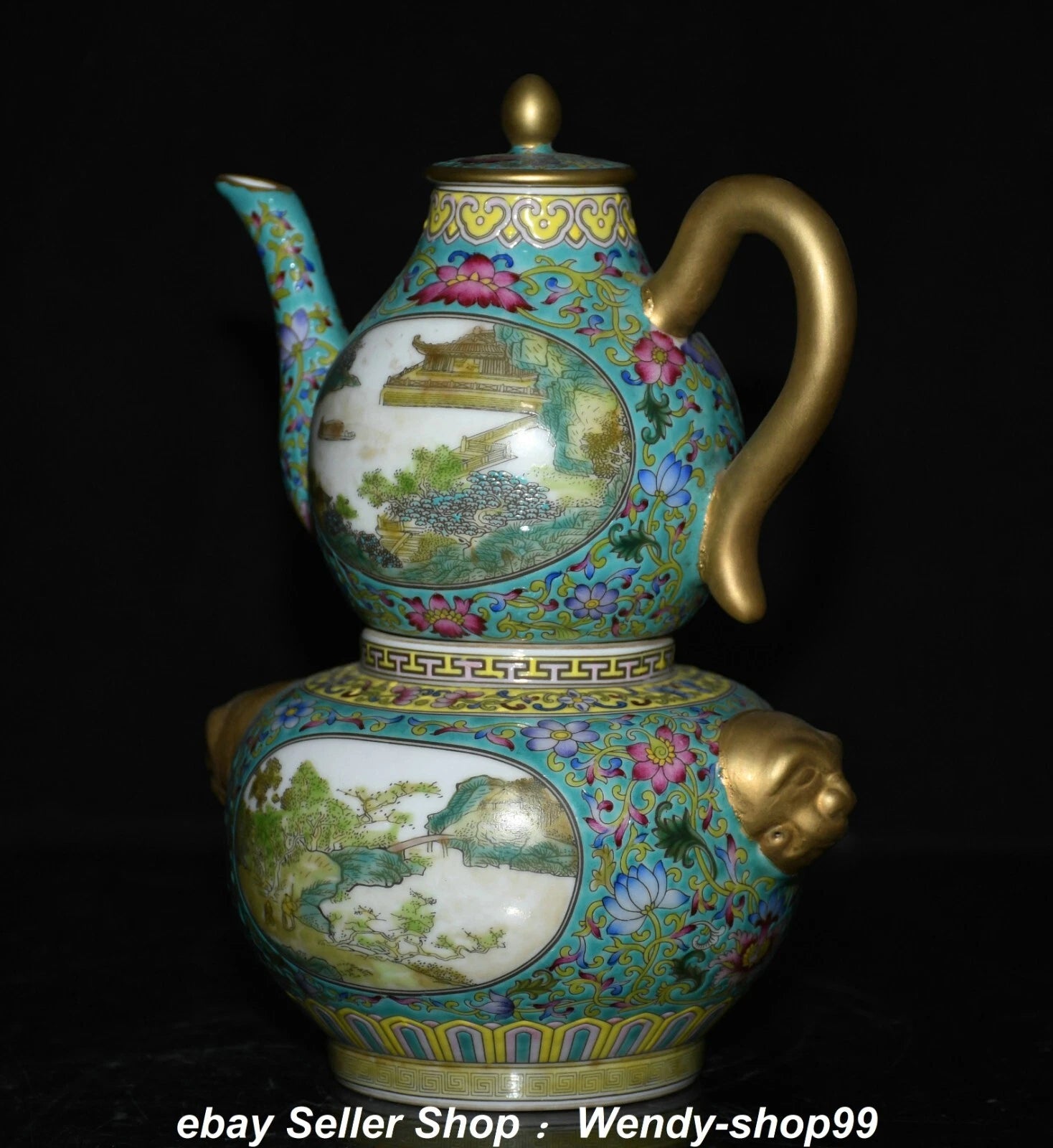 8.6" Qianlong Enamel Color Porcelain Gilt landscape Gourd Wine Pot Teapot