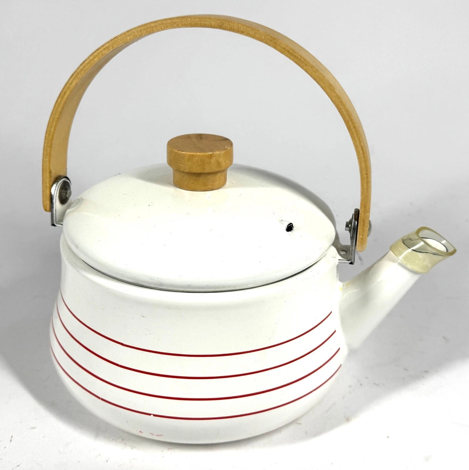 Vintage Enamelware Enamel Metal Wood Handle Retro Coffee Tea Kettle Pot