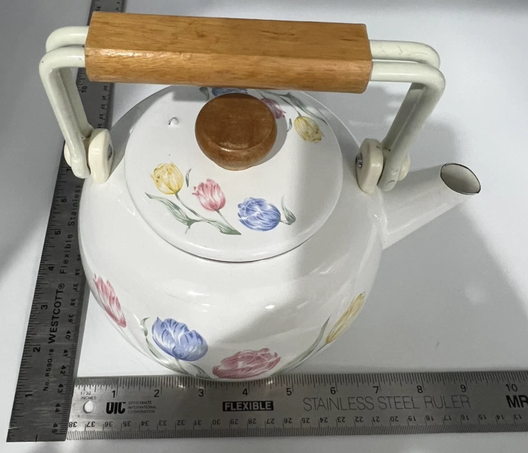 VTG 80s Tea Kettle Floral Porcelain Enamel on Steel Tableworks Unlimited Pastel