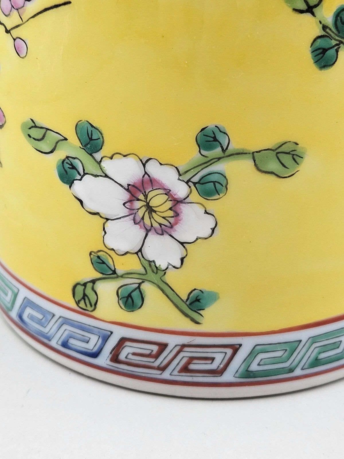 Vintage Asian Inspired Teapot with Flat Lid & Wire Handles Floral On Yellow