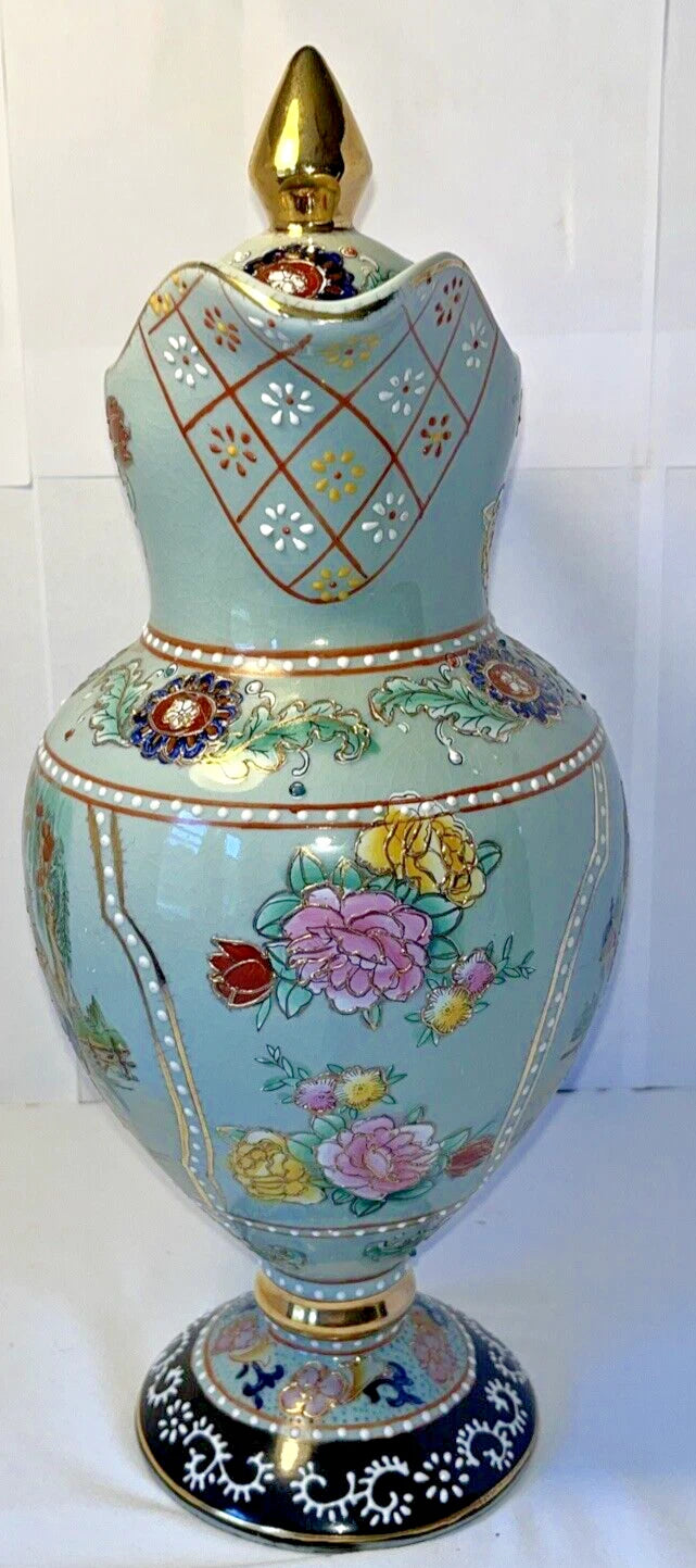 Tall Porcelain Carafe Chocolate Pot Pitcher & Lid Enamel Gold Accents Victorian
