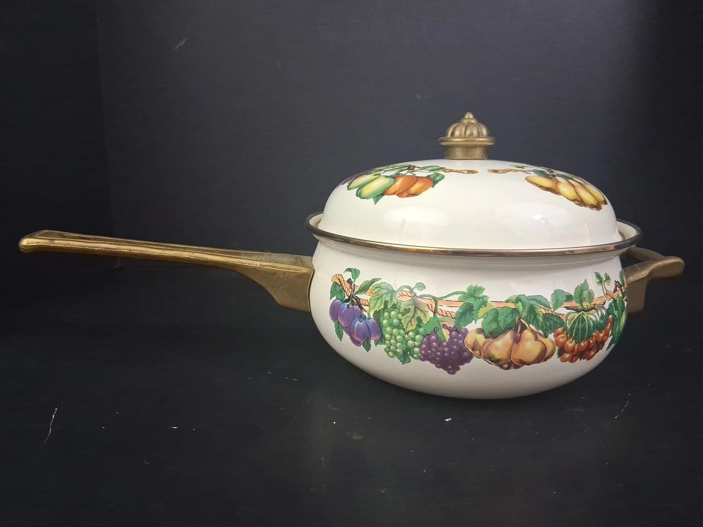 Vtg Lot Enamel Cookware Pots Tabletops Unlimited Cornucopia Teapot Brass Handles