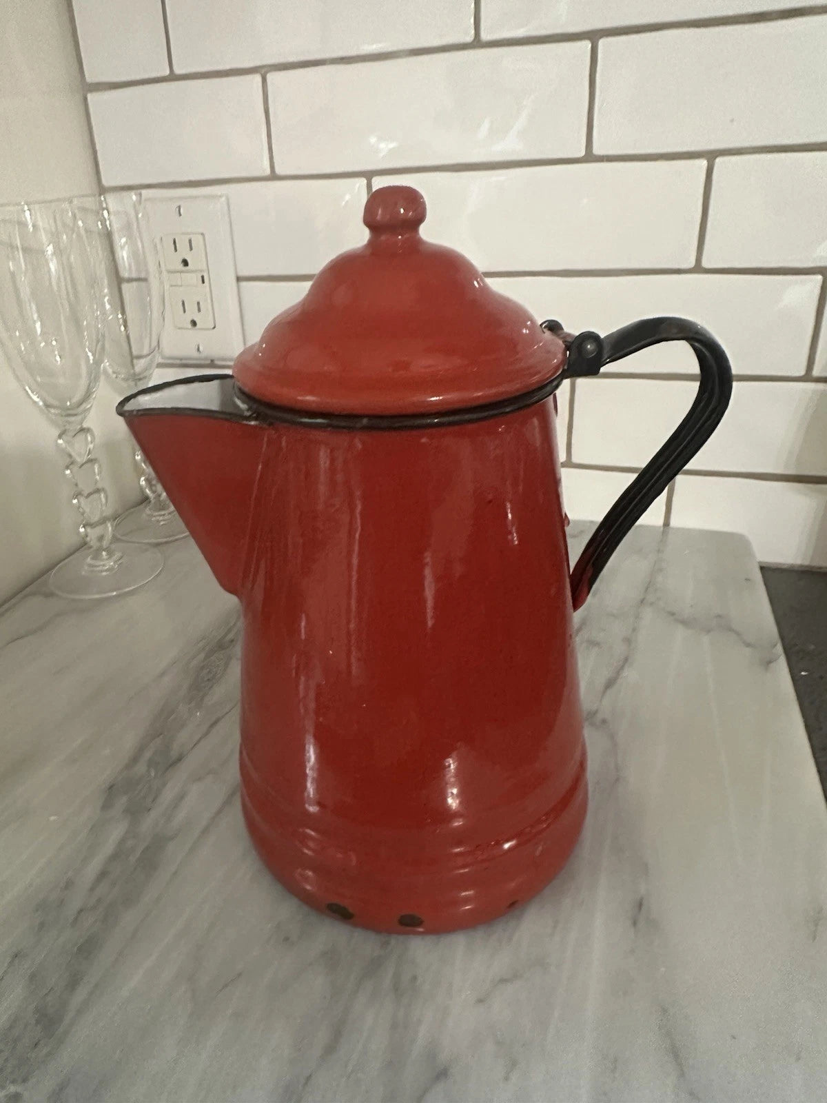 Red Enamel Teapot Metal Enamelware Farmhouse Country Vintage French