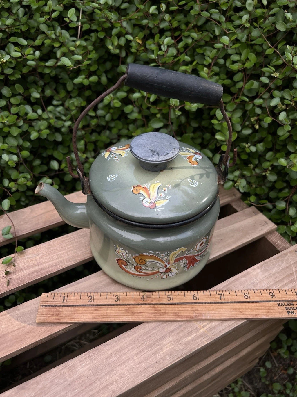 VTG Berggren Enamelware Kettle Teapot Scandinavian Rosemaling Folk Art Green