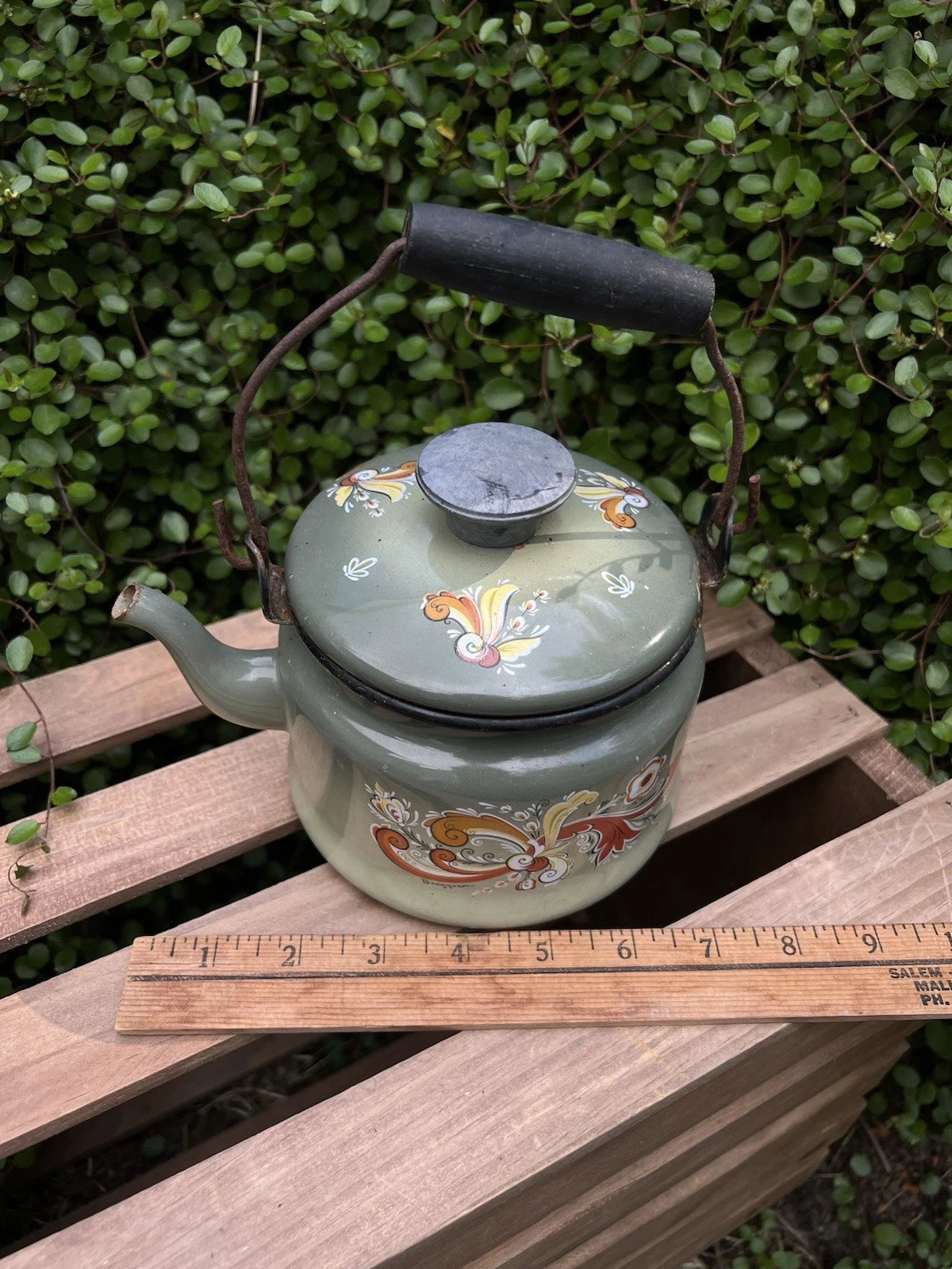 VTG Berggren Enamelware Kettle Teapot Scandinavian Rosemaling Folk Art Green
