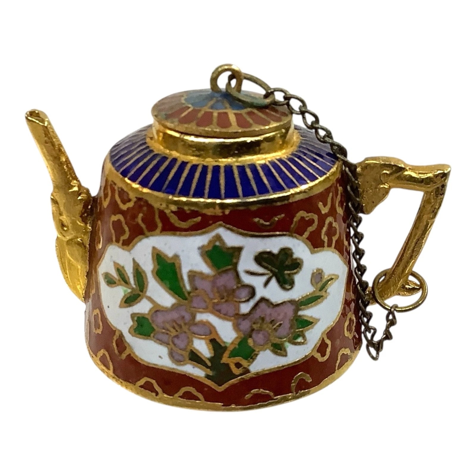 Vtg Cloisonné Miniature Chinese Teapot 6pc Set Brass Enamel Floral Inlay Unique