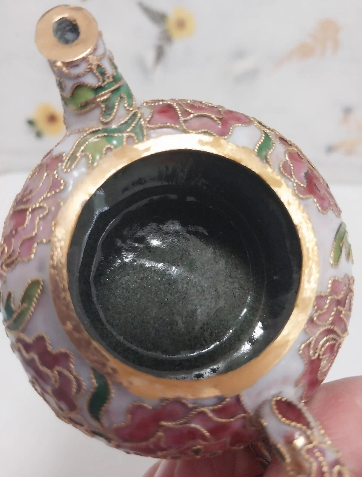 Miniature Floral Enamel Cloisonné Teapot Pink/Mauve Flowers
