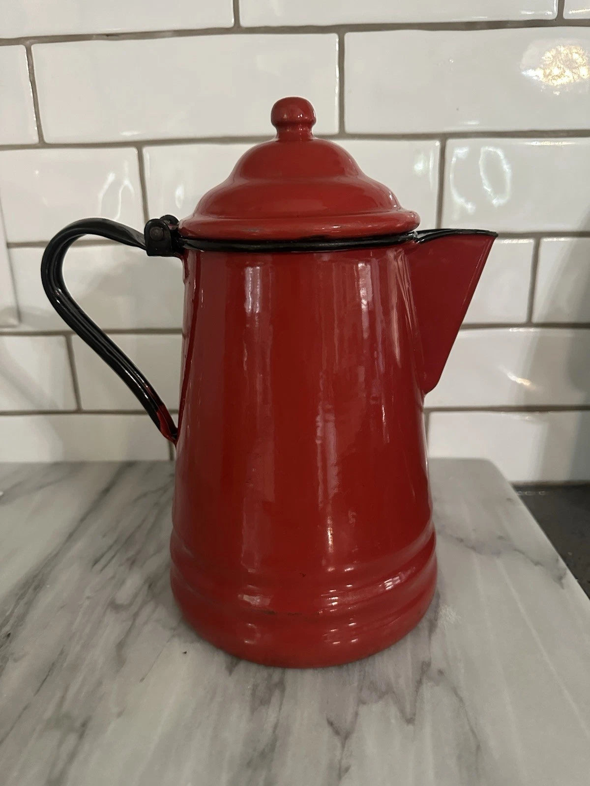 Red Enamel Teapot Metal Enamelware Farmhouse Country Vintage French