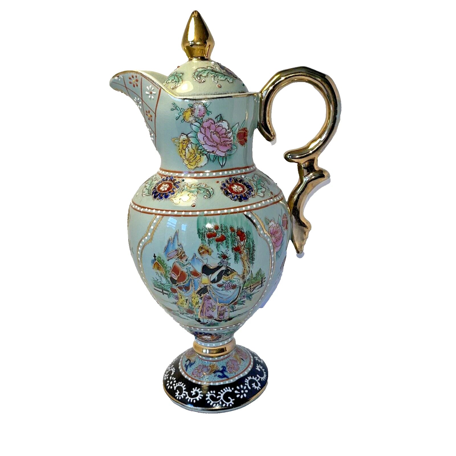 Tall Porcelain Carafe Chocolate Pot Pitcher & Lid Enamel Gold Accents Victorian