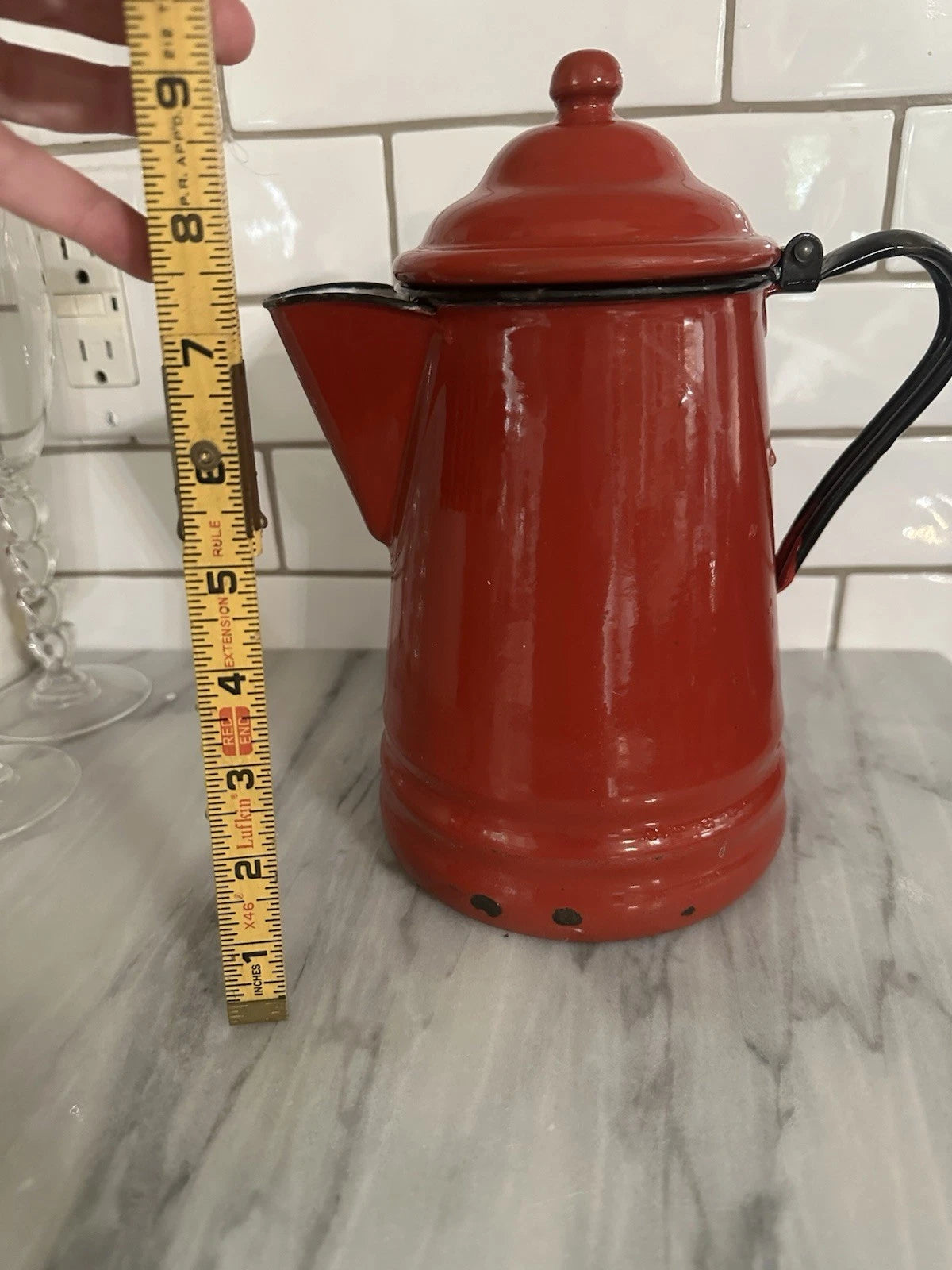 Red Enamel Teapot Metal Enamelware Farmhouse Country Vintage French