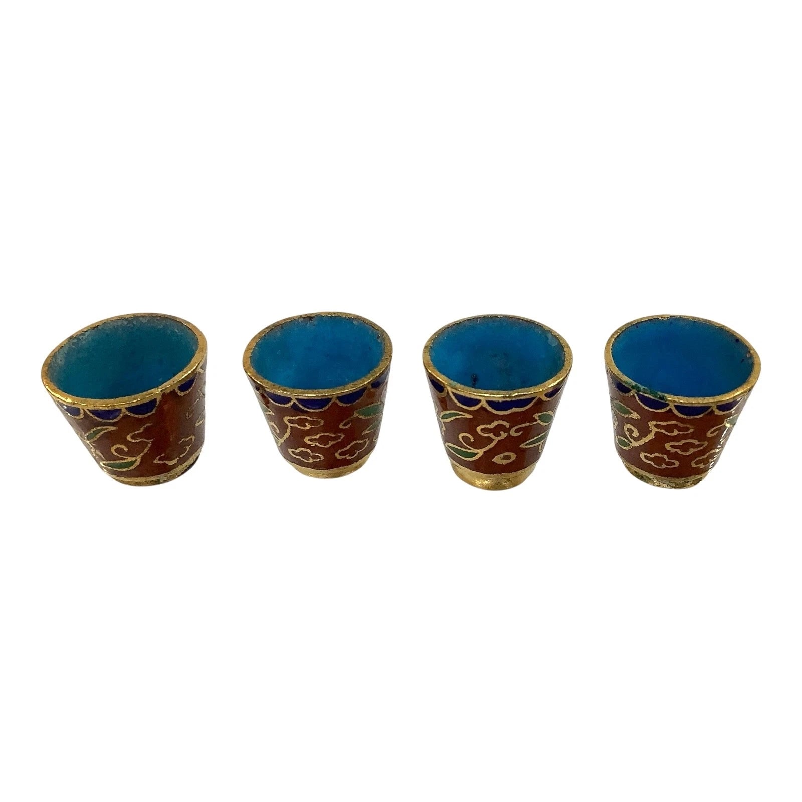 Vtg Cloisonné Miniature Chinese Teapot 6pc Set Brass Enamel Floral Inlay Unique