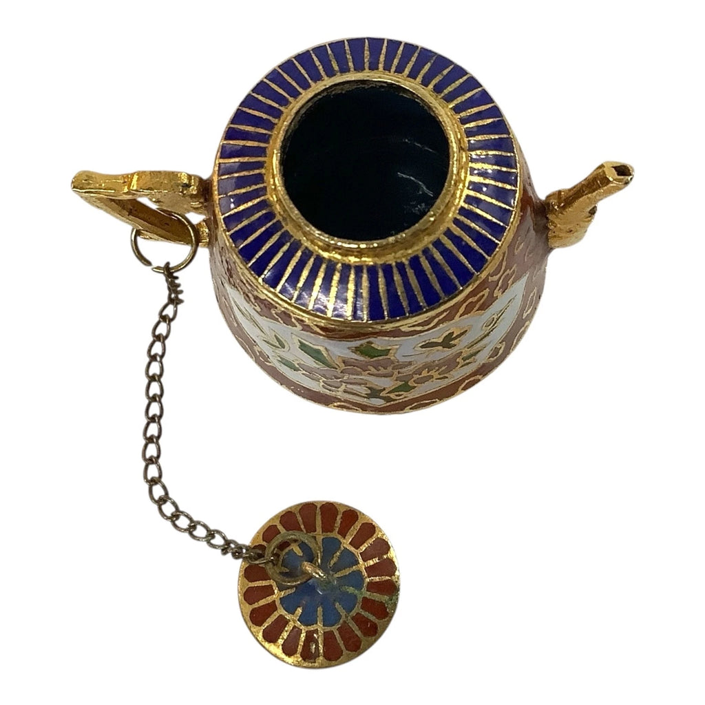 Vtg Cloisonné Miniature Chinese Teapot 6pc Set Brass Enamel Floral Inlay Unique