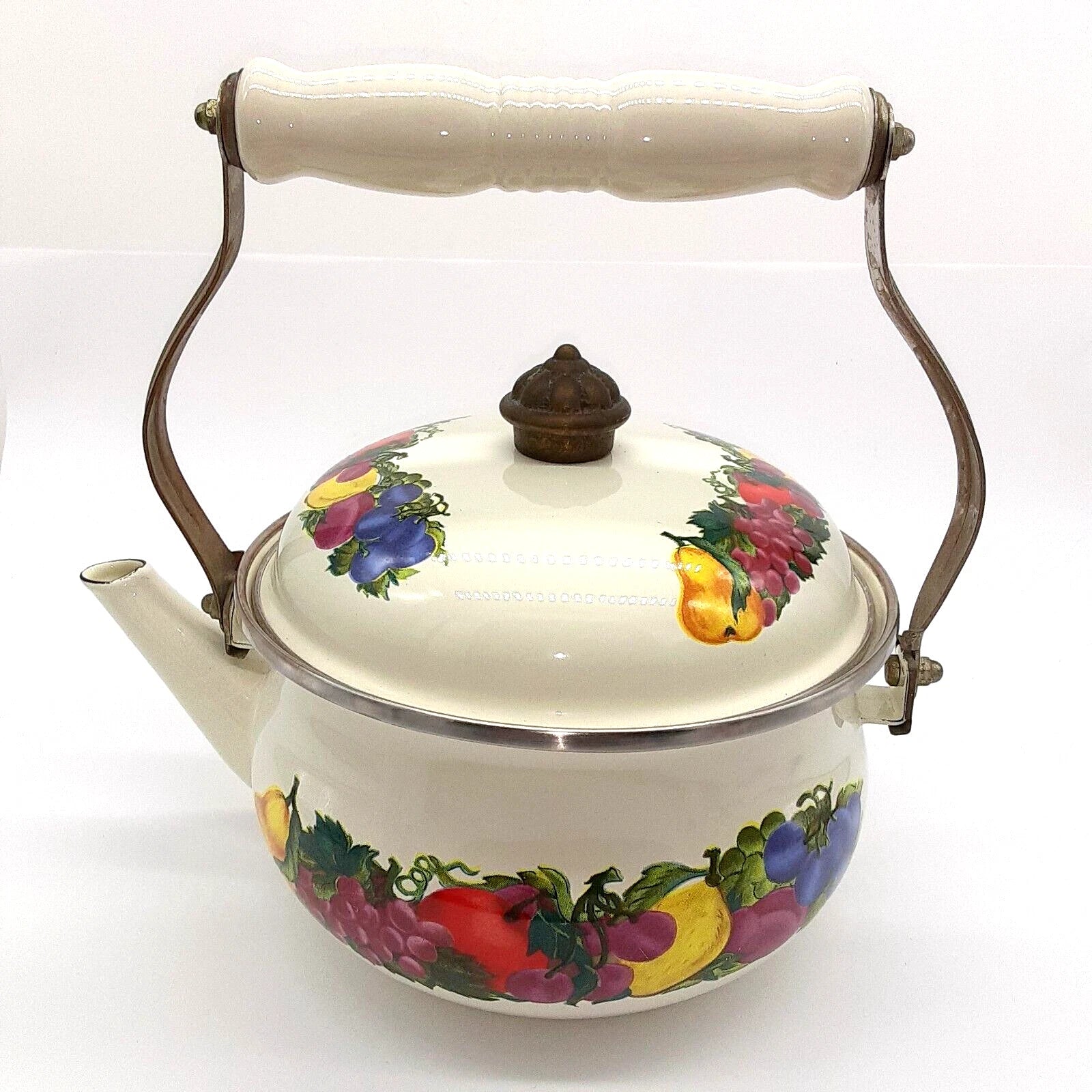 Vintage Water Kettle Tea Pot Enamel Fruit Cottagecore Chic Country Farm House