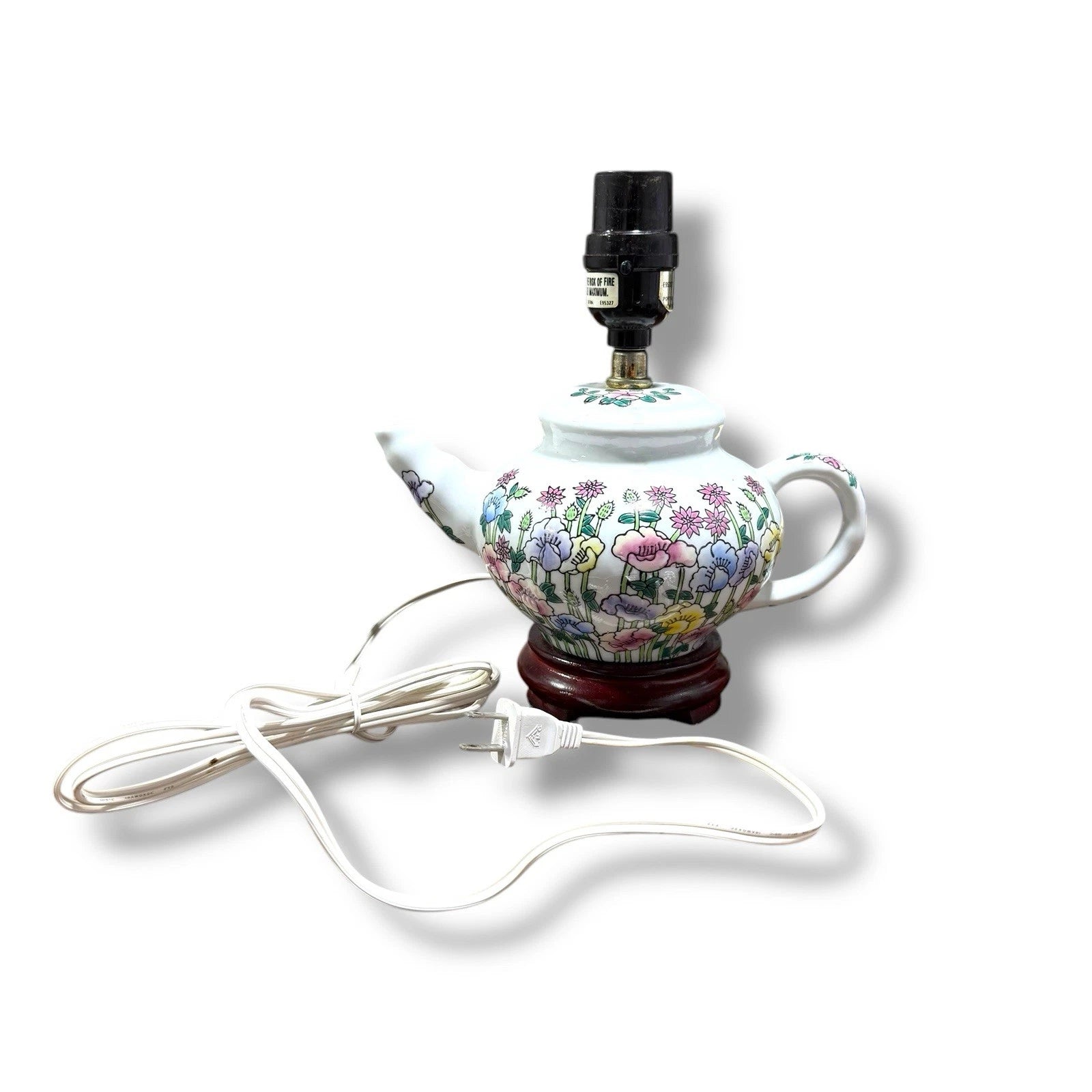 Teapot Table Lamp Floral Enamel Ceramic Wood Base Electric Vintage  8.25 X 8.75"
