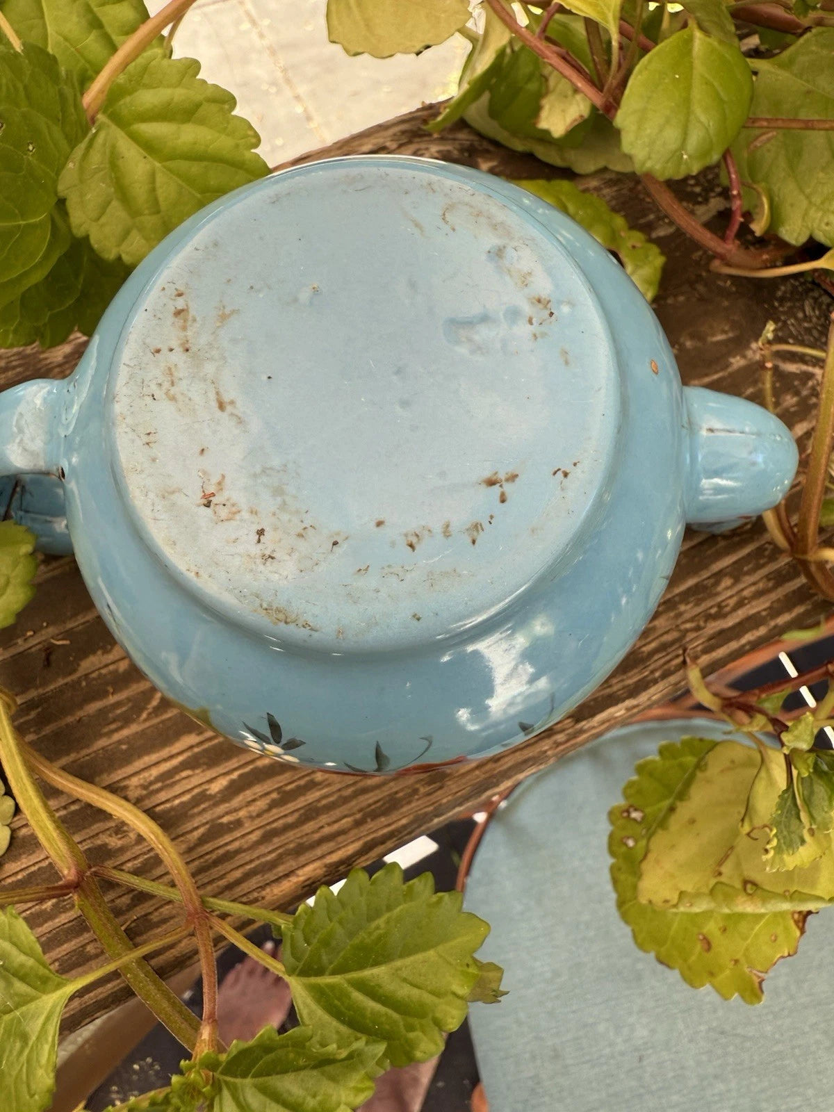 French Vintage Enamelware Tea Pot/Raised Enamelware Floral Painting/Miniature