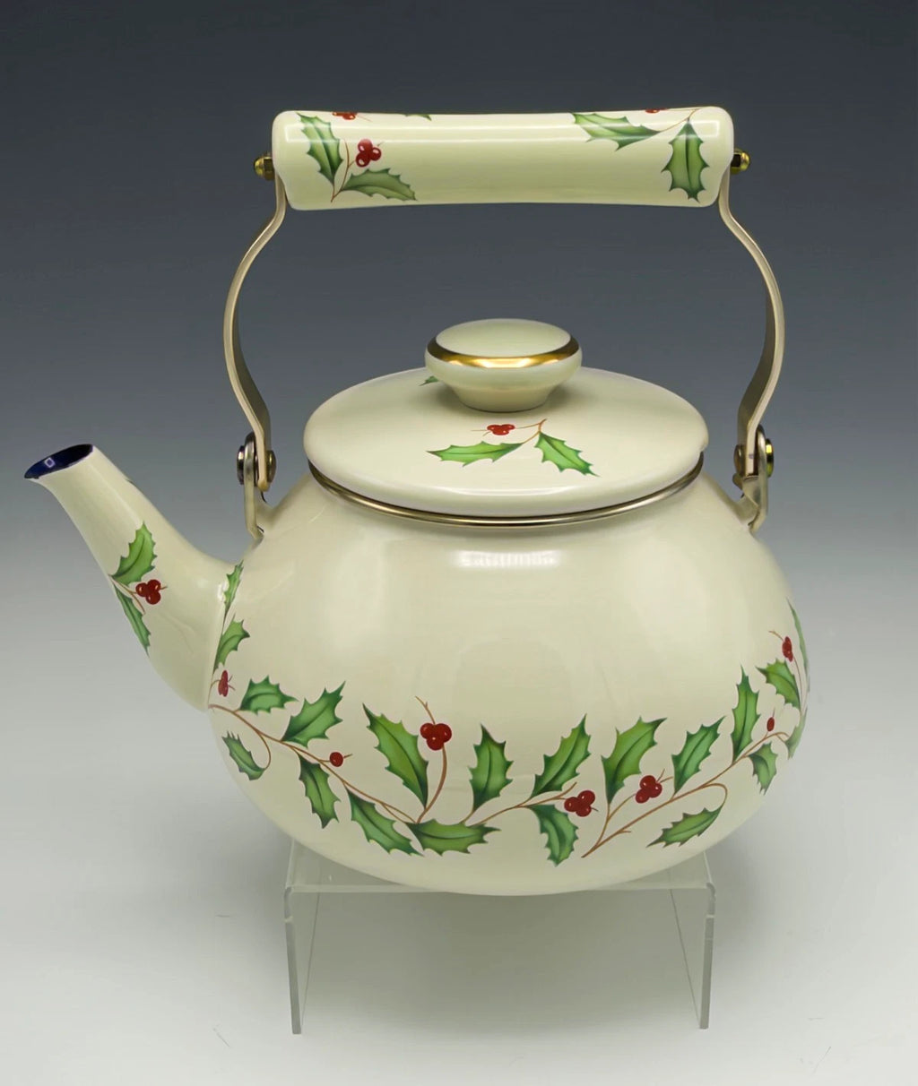 Lenox Holiday Tea Kettle Holly Berry Metal Enamel Gold Trim Teapot with Lid