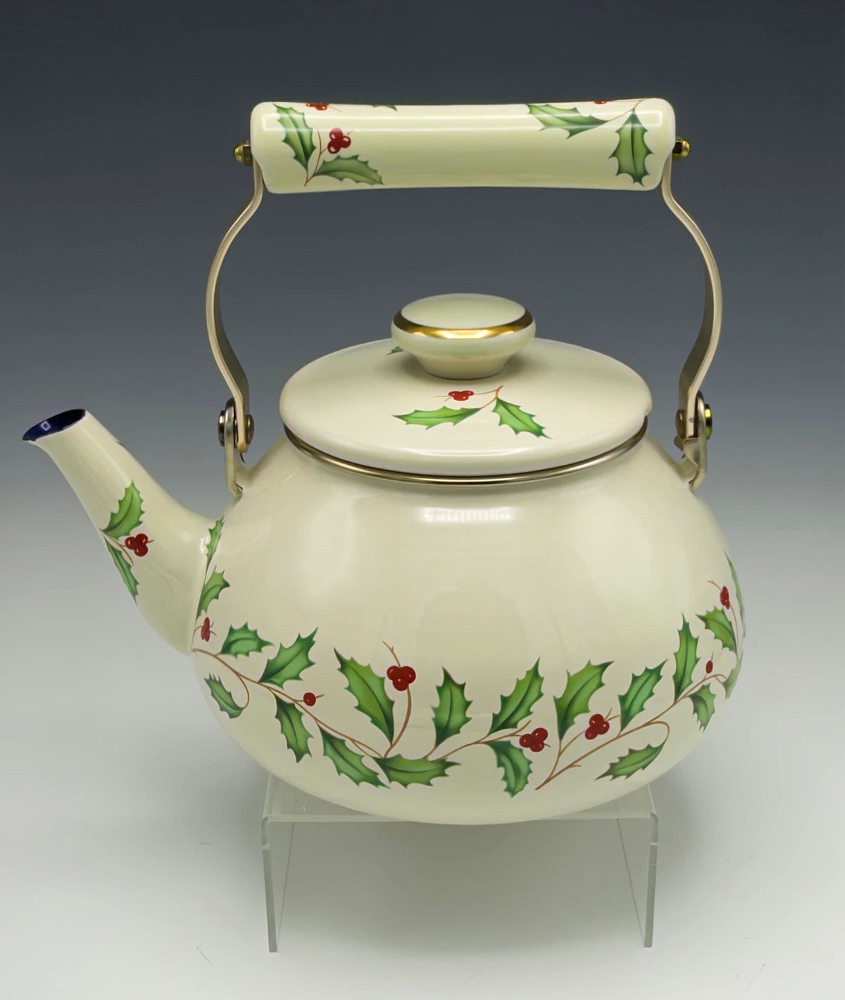 Lenox Holiday Tea Kettle Holly Berry Metal Enamel Gold Trim Teapot with Lid