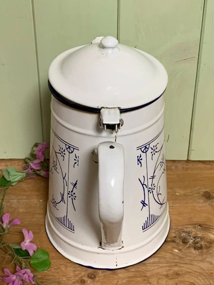UK ANTIQUE Enamel Saxony Teapot Blue White Design Vintage Kitchenware