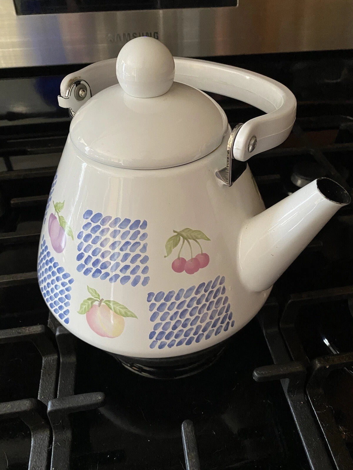 Teapot White Enamel Fruit Pear Cherries Plum Peach Blue 2 Qt Tea Pot