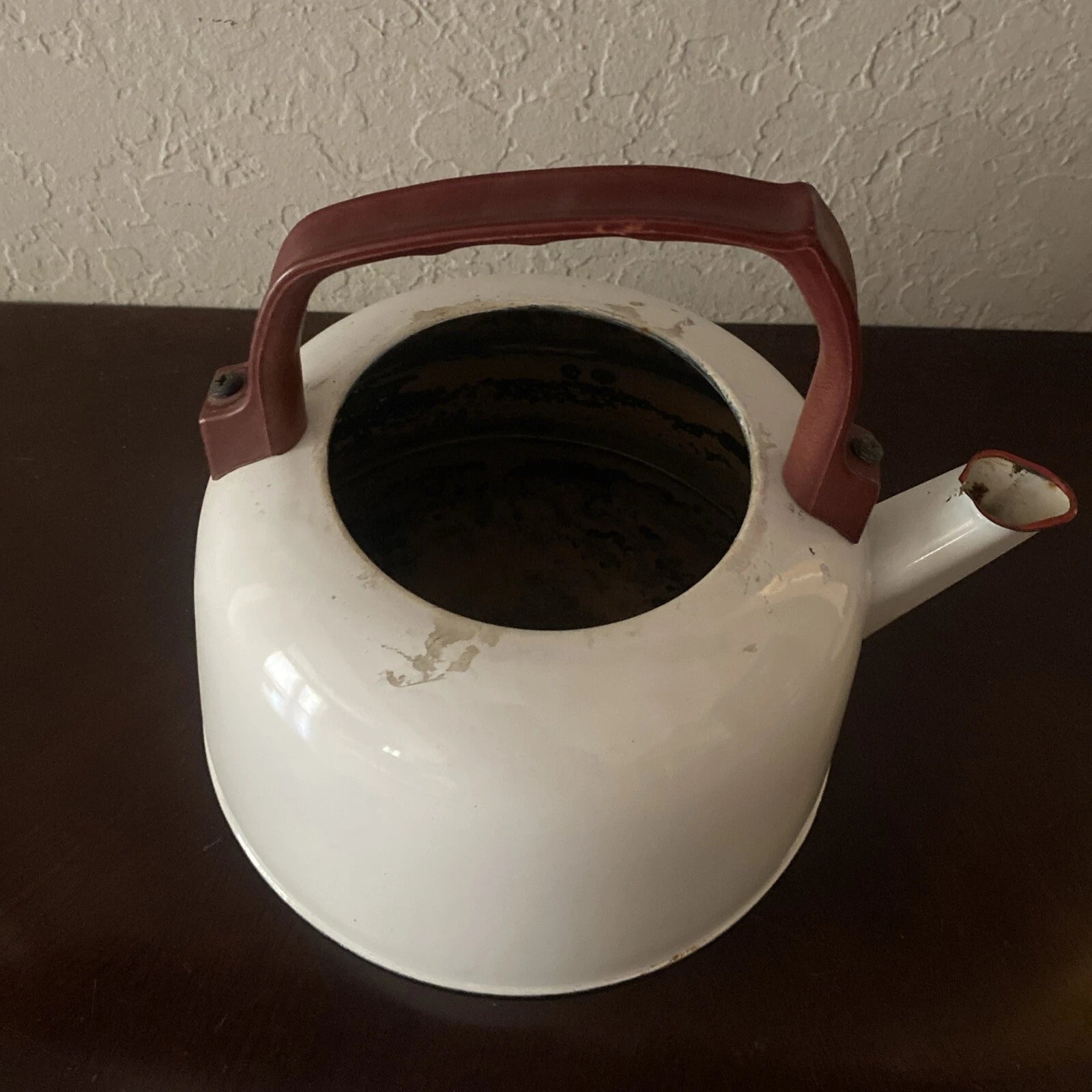 Vintage White Enamelware Tea Kettle Teapot with Red Trim, Brown Wooden Handle