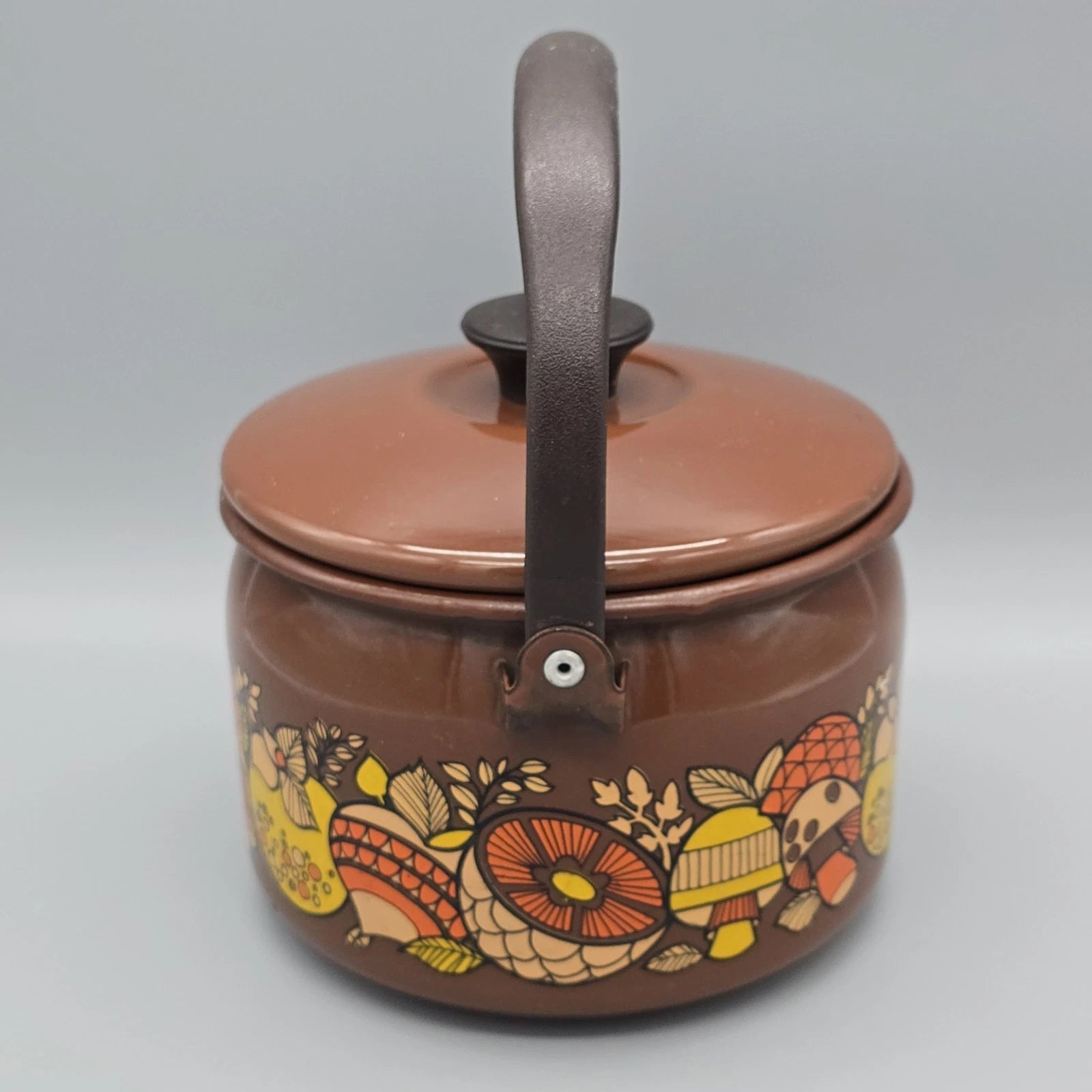Vintage 70's Mushroom & Fruit Enamelware Brown Tea Kettle With Lid & Handle