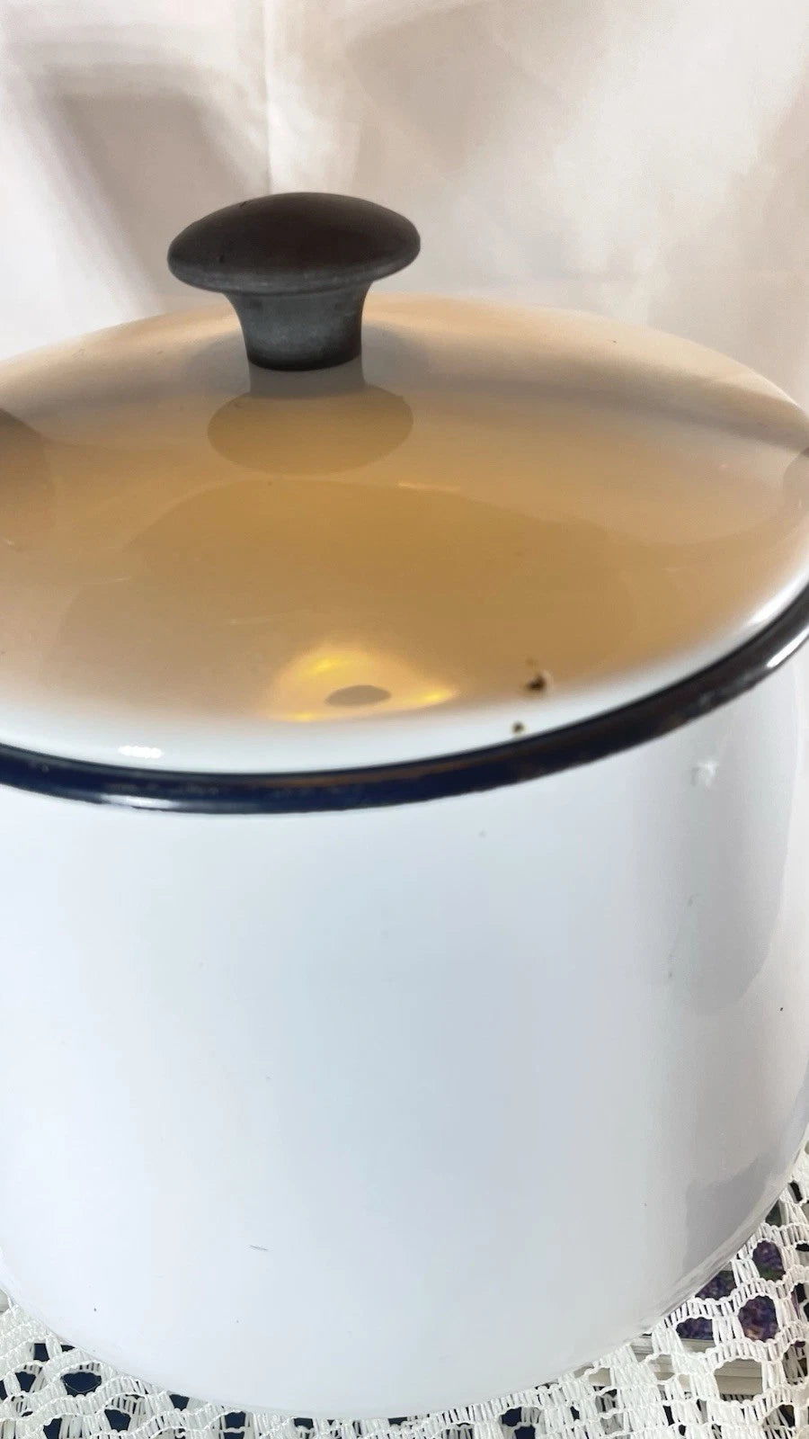 Vintage Black And White Enamelware Tea Kettle With Black Handle