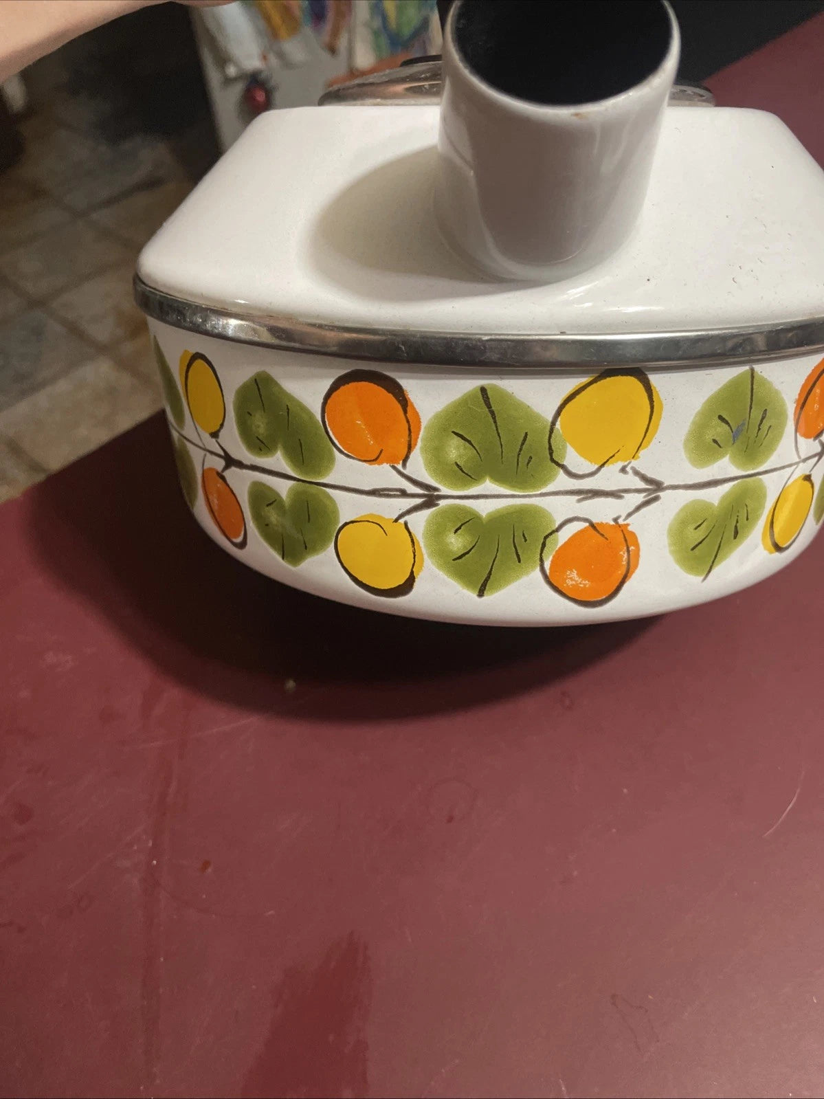 Vintage Enamel Tea Pot Kettle Whistles Lemon Orange Leaves Austria Email MCM