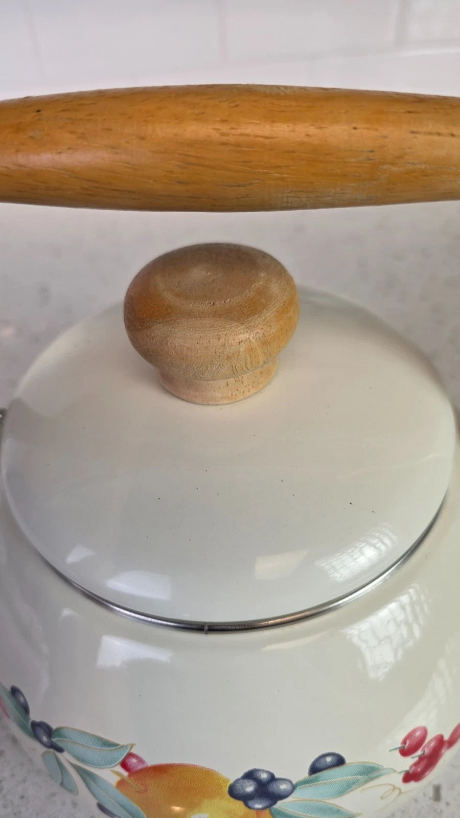 Vintage Lincoware Enamel Teapot Cream Fruit Motif Wood Handle Kettle