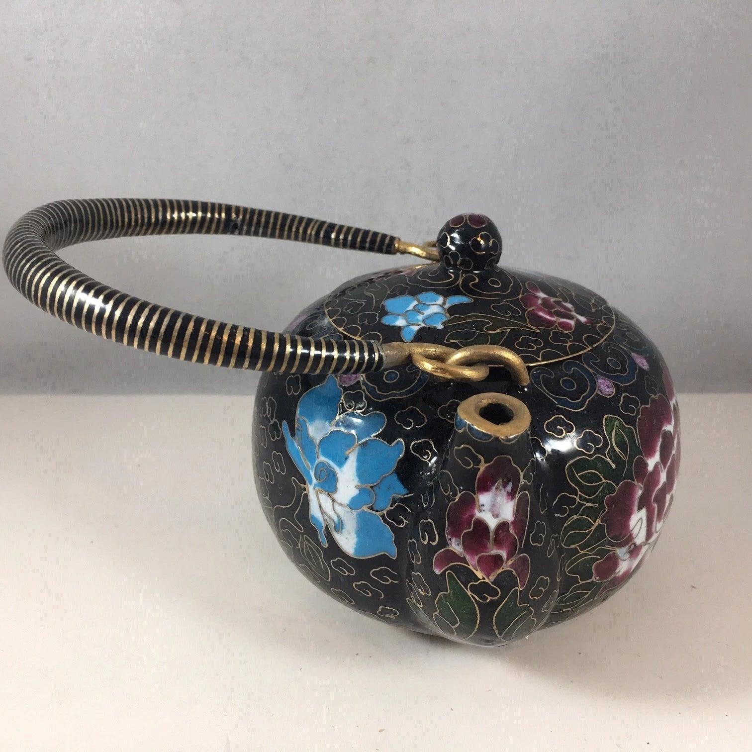 Vintage Chinese Cloisonne Teapot Black Tea Pot Bronze Brass Copper Floral Enamel