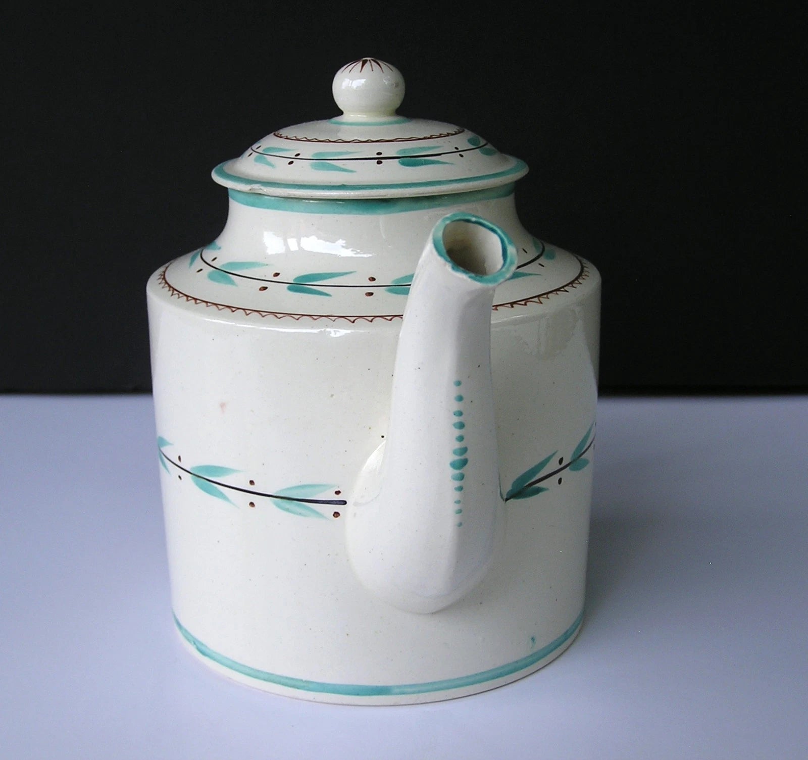 Rare Antique Staffordshire Creamware Teapot with Teal & Brown Enamel Decoration