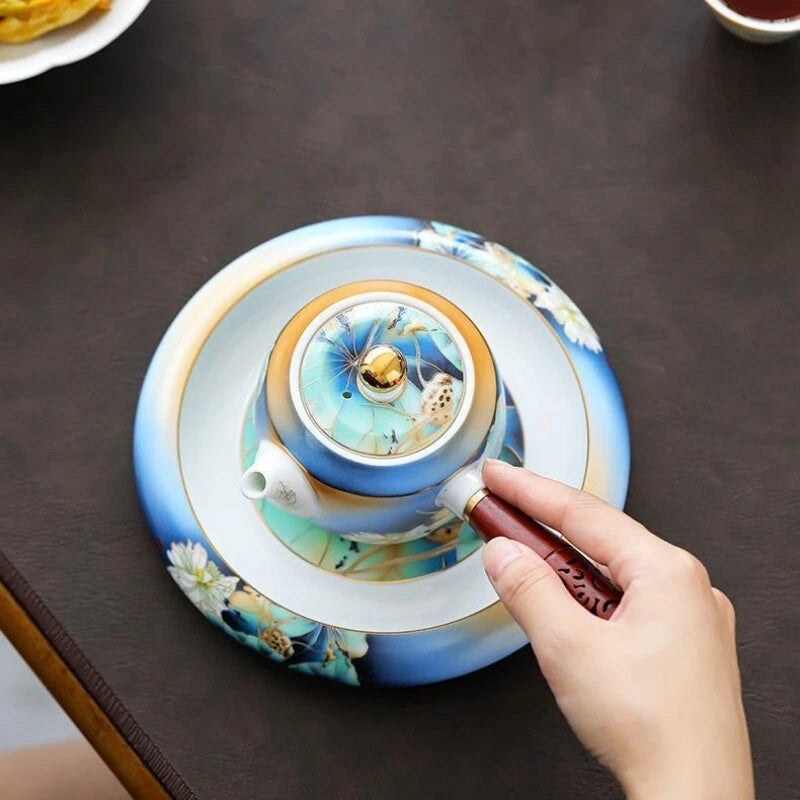 Tea Pot Handpainted Craft Color Enamel Porcelain Serving Pot Tea Brewer Holder