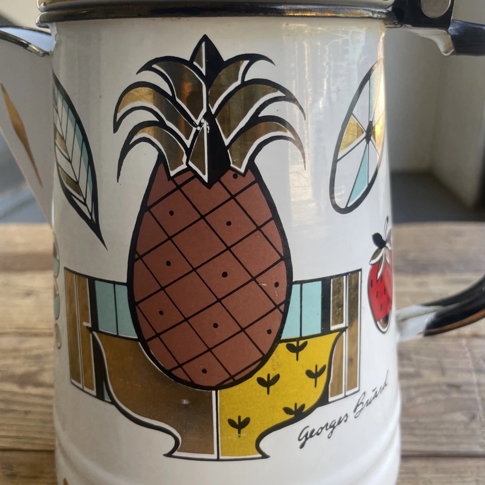 Vintage MCM Georges Briard Ambrosia Enamel Coffee Tea Pot Fruit Pineapple