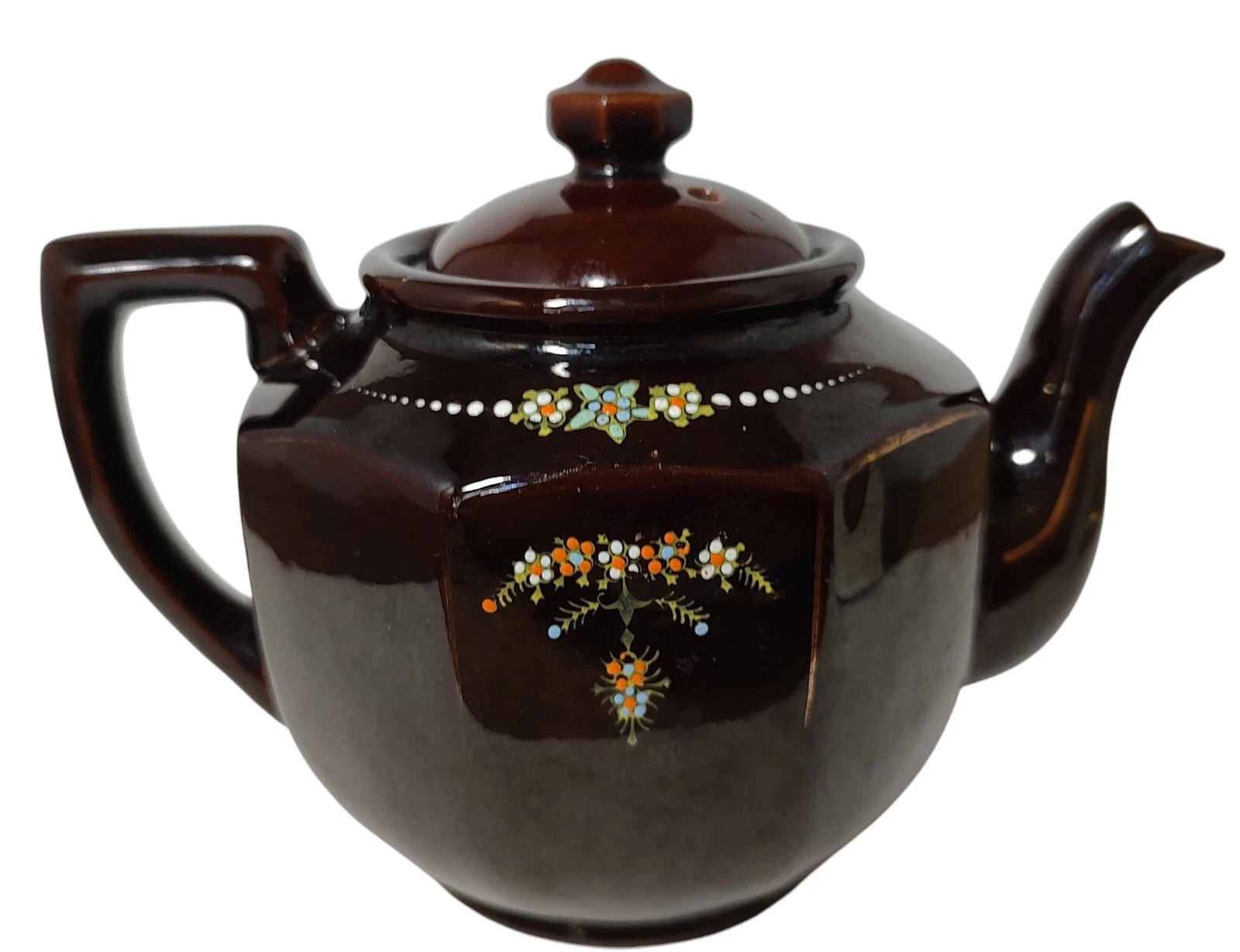 Vintage Brown Betty Redware Teapot Moriage Enamel Hand Painted Made In Japan SEE