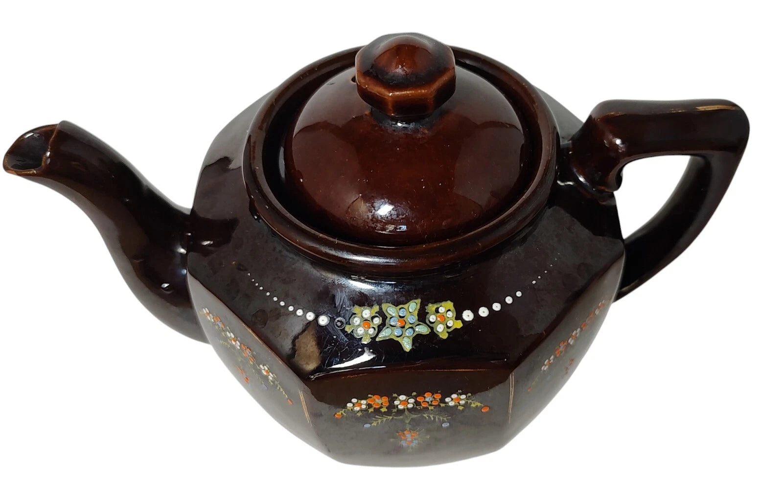 Vintage Brown Betty Redware Teapot Moriage Enamel Hand Painted Made In Japan SEE