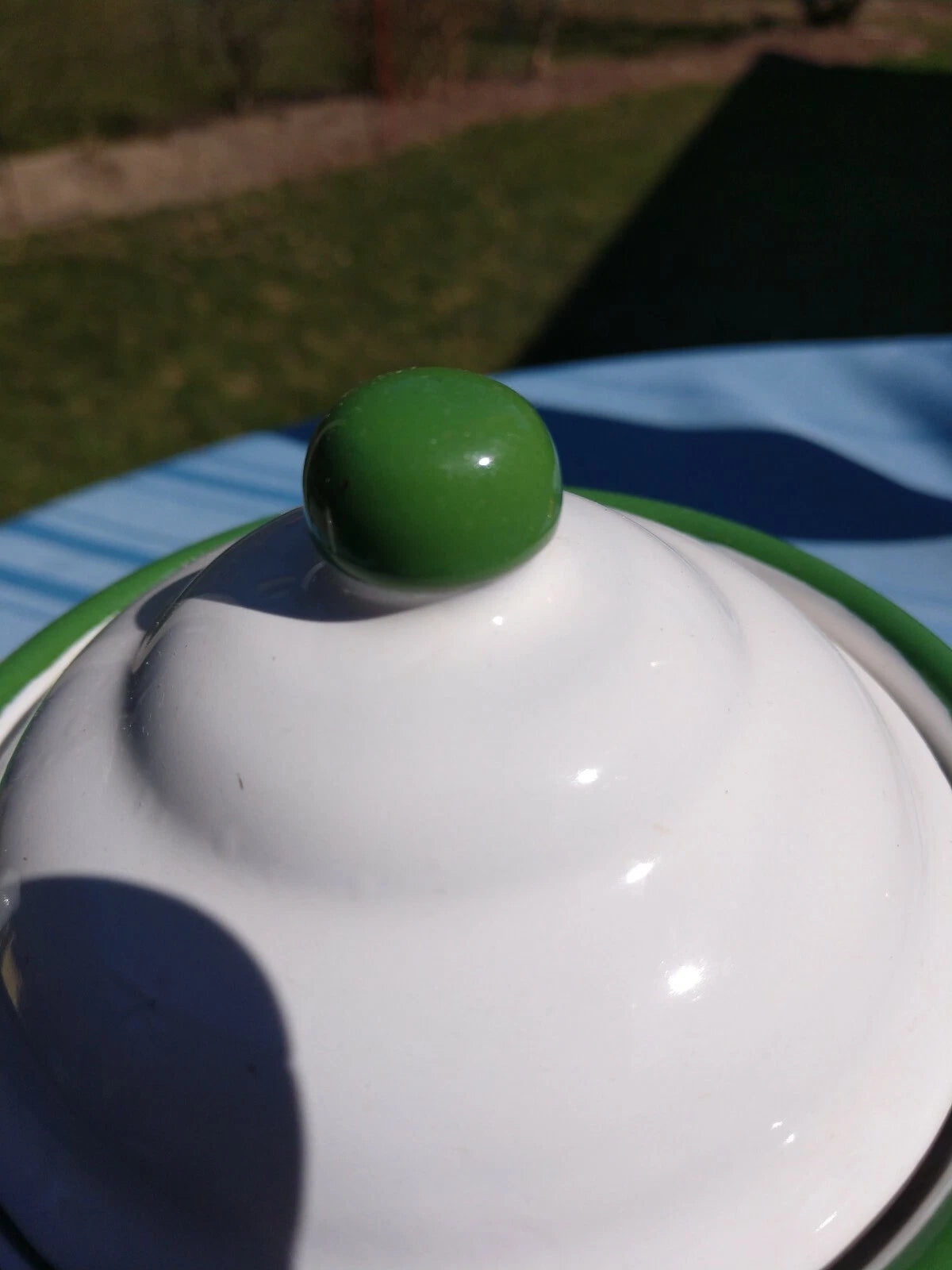 Retro Enamel Teapot With Green Trim