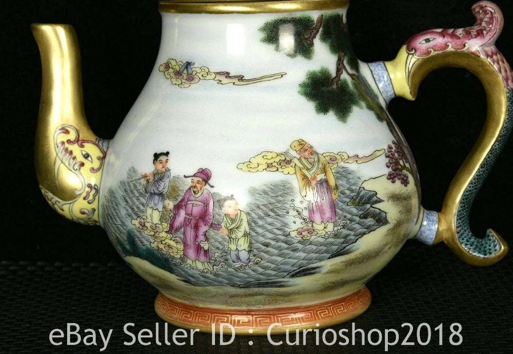 8.4" Qing Qianlong Marked Enamel Colour Porcelain 8 Immortal Wine Tea Pot Flagon