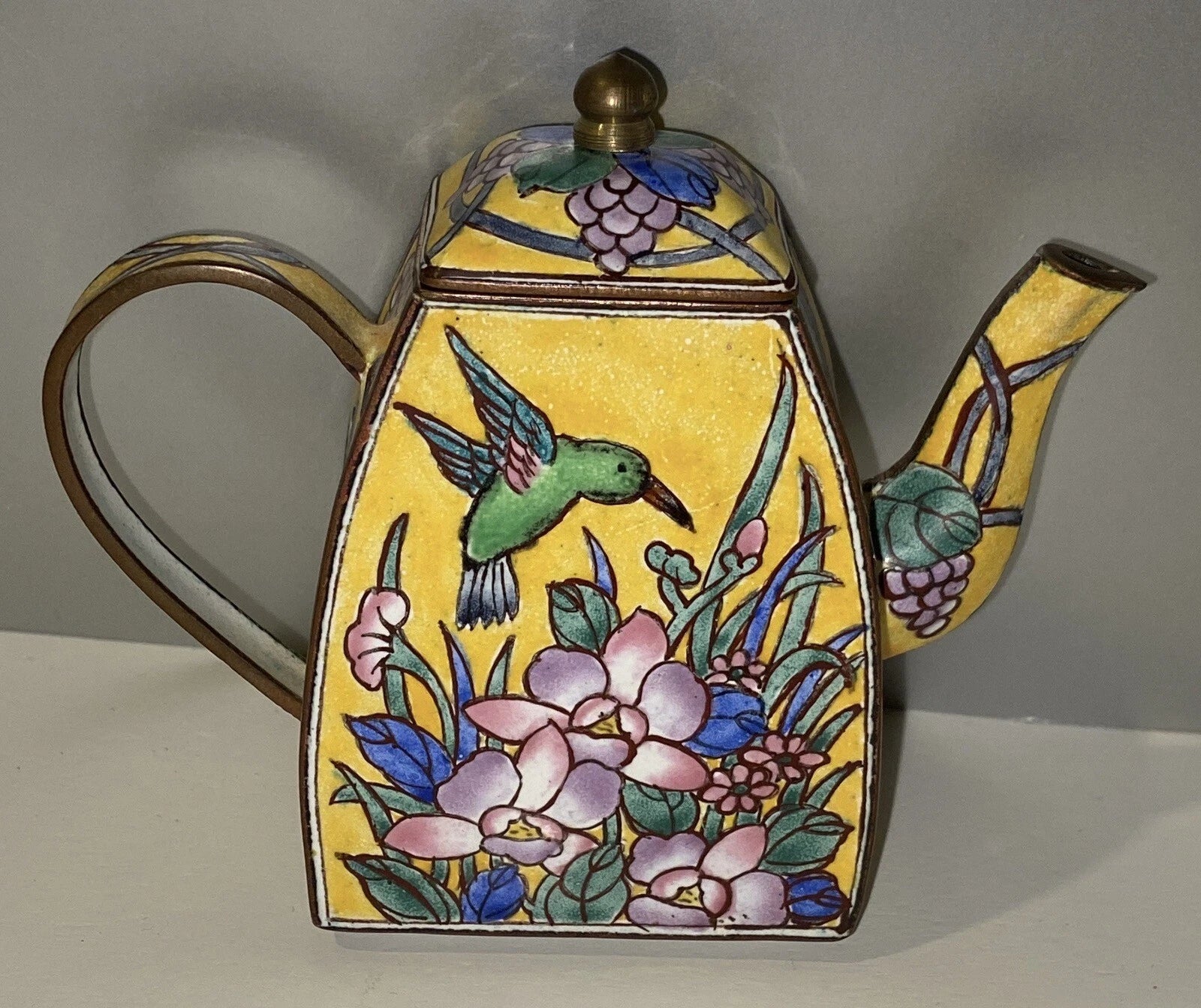 Vintage Miniature Enamel Teapot Hummingbird Hand painted
