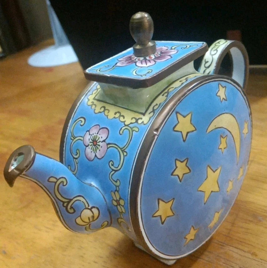 miniature cloisonne Copper Enamel teapot  Moon and Stars 3 1/2" H