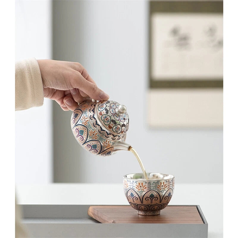 999 Silver Enamel Color Fengming Pot Ceramic Silver Teapot Kung Fu Tea Set Cups