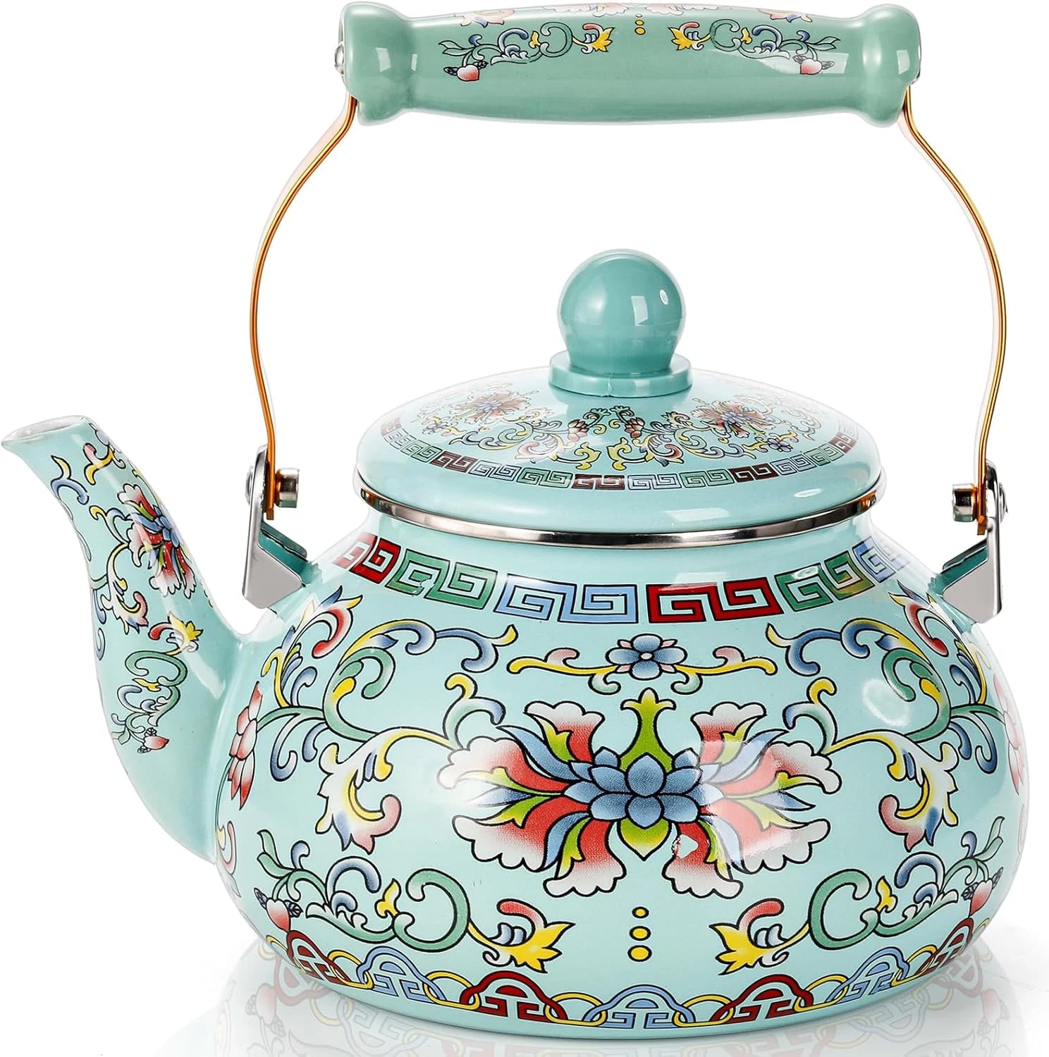 2.6 Quart Floral Enamel Tea Kettle, Vintage Enameled Teapot Stovetop, Enamel on