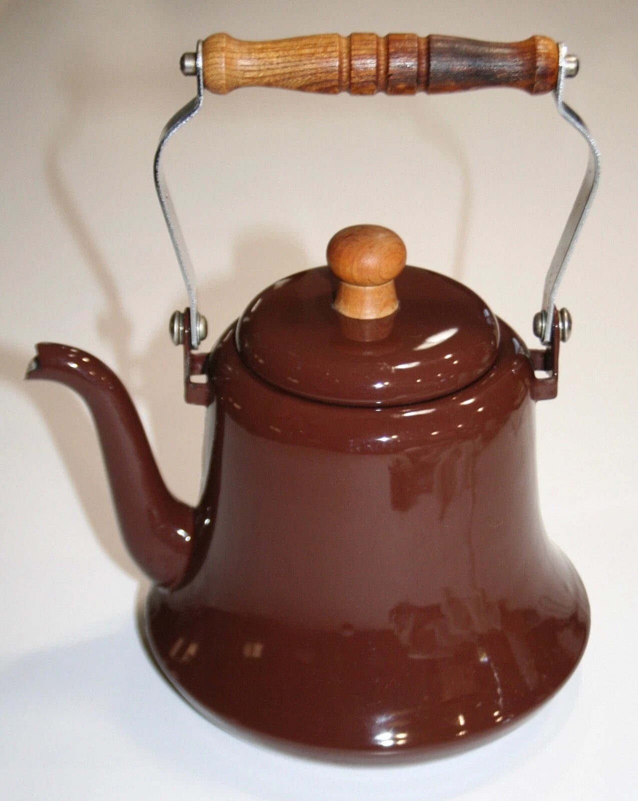 Vintage Enamel Metal Tea Pot with Wooden Handles Chocolate Brown