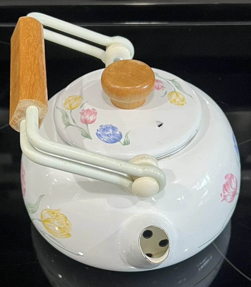VTG 80s Tea Kettle Floral Porcelain Enamel on Steel Tableworks Unlimited Pastel