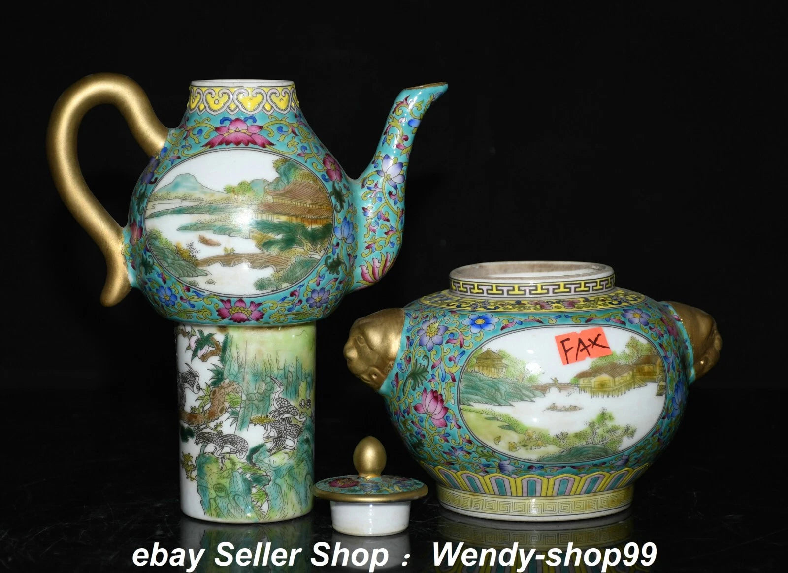 8.6" Qianlong Enamel Color Porcelain Gilt landscape Gourd Wine Pot Teapot