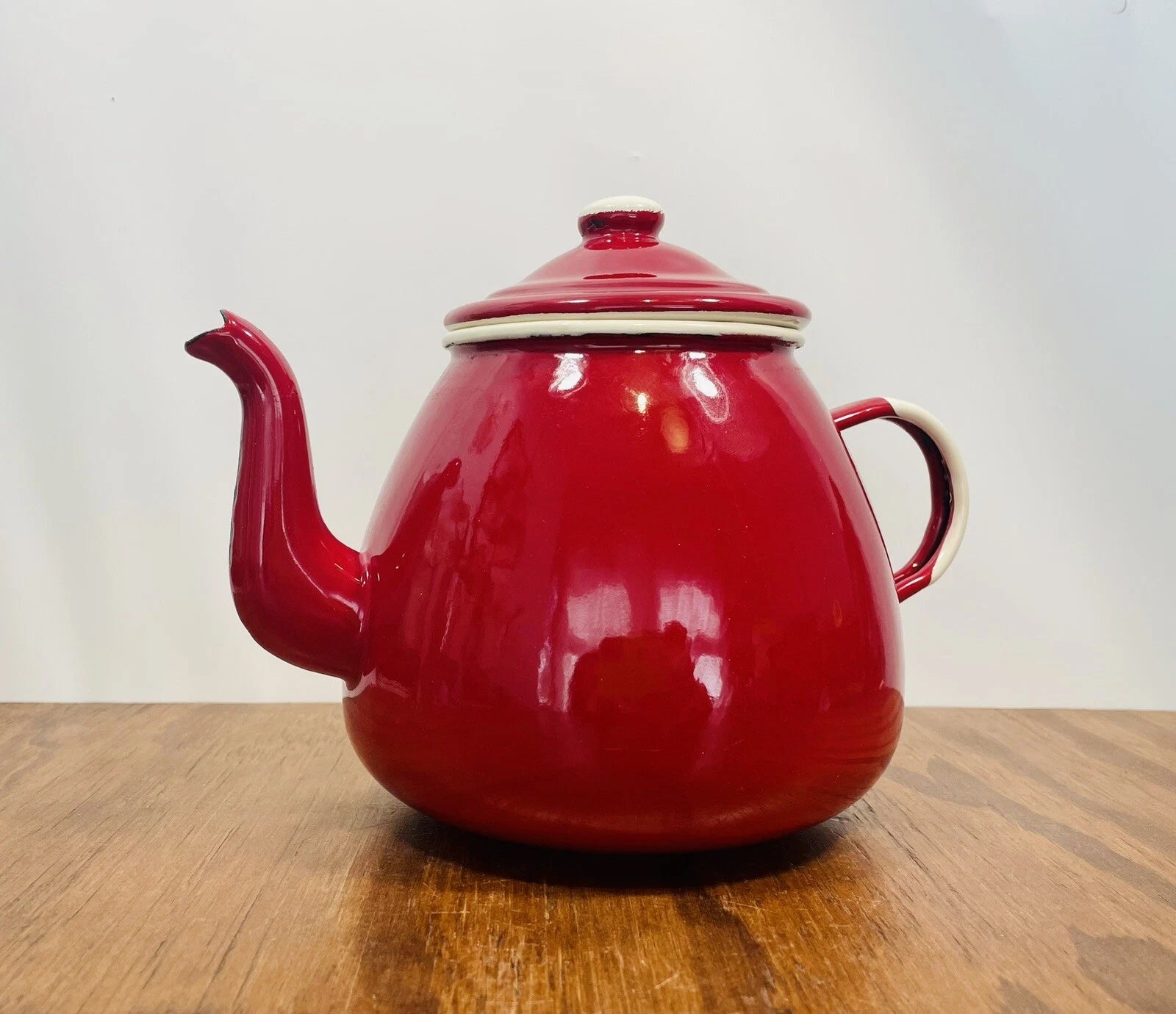 Red Enamelware Tea Kettle 1907 by Emalia Olkusz 5 cup Stovetop Tea Pot Poland