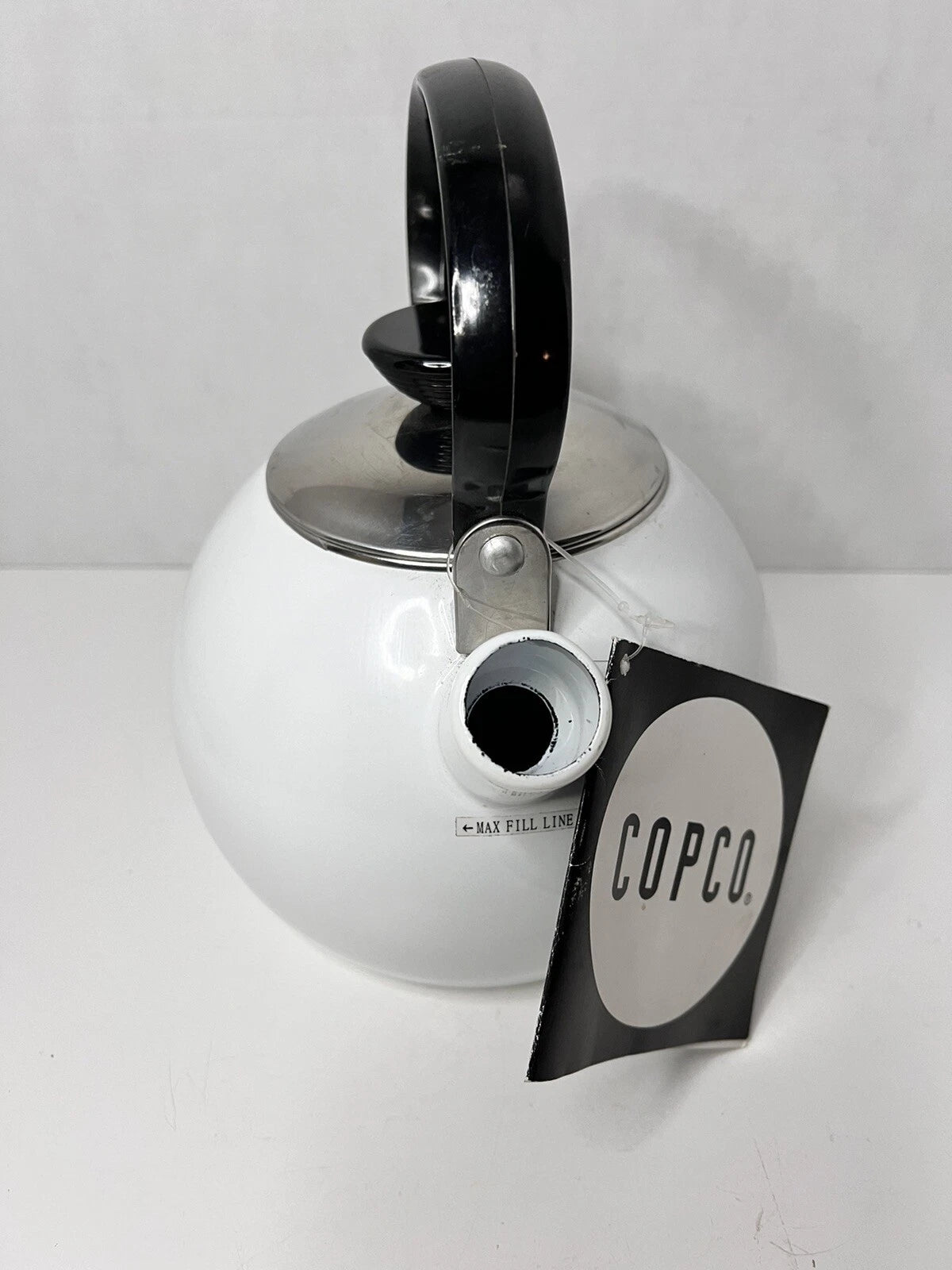 NOS Copco Whistling Teapot Tea Kettle White Enamel With Black Handle Tea Pot