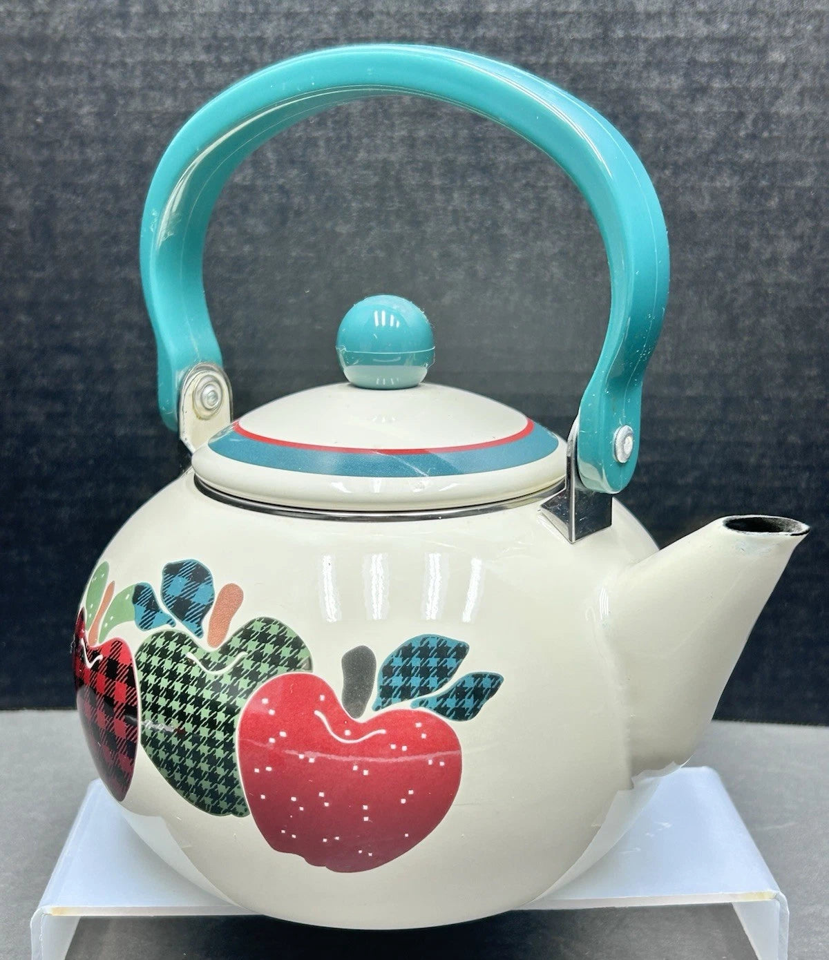Vintage Apple Themed Enamel Metal Teapot Kettle, Farmhouse, Kitchen, Granny Core